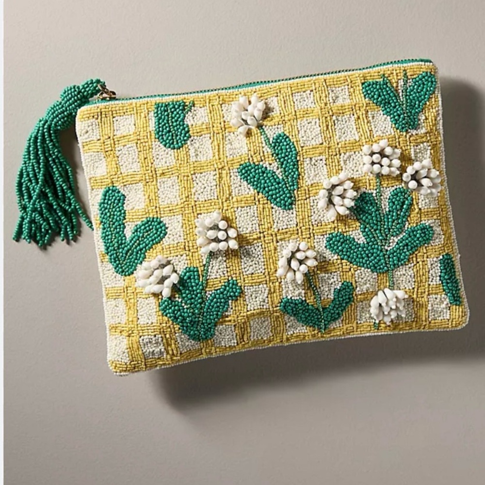 Anthropologie Yellow and Green Beaded pouch